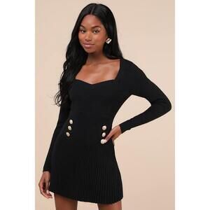 Lulus Chicest Crush Black Ribbed Long Sleeve Mini Sweater Dress - Size L